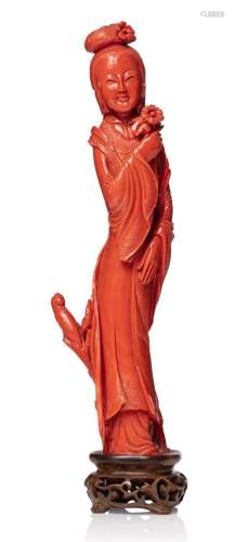 Chine, vers 1930 Statuette en corail rouge