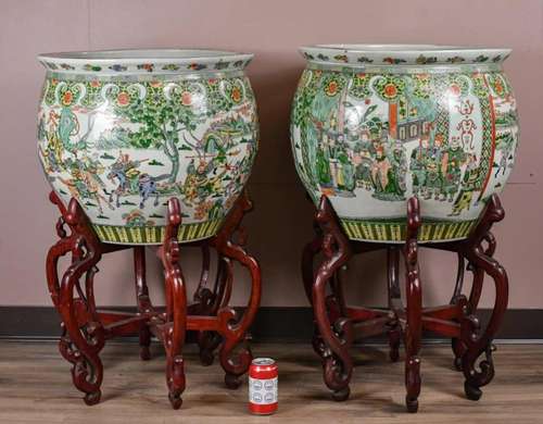 A Pair Of Chinese Enamel Fish Bowls w/ Stand, 20th C