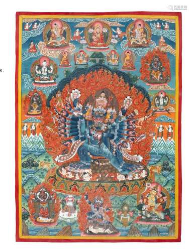 Népal, XXe siècle Thangka représentant Yamanthaka enlaçant s...