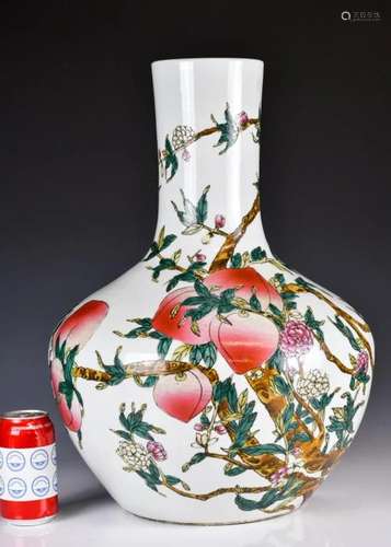 A Famille-Rose 'Peach & Bat' Tianqiu Vase