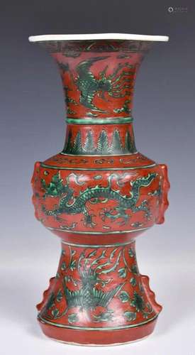 A Red Ground Dragon Phoenix Gu Vase Jiajing Mark