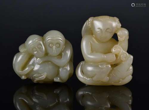 A Chinese Jade Carved Boy and a Monkey