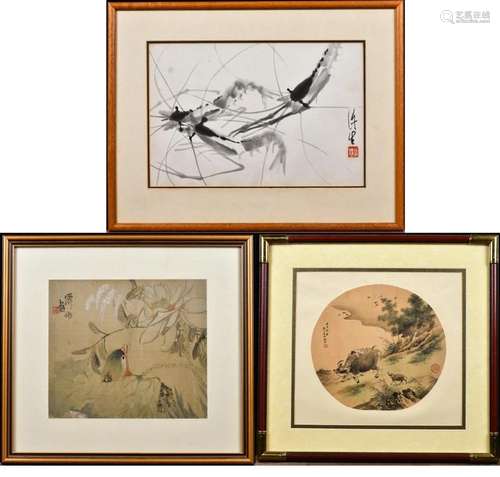 Three Paintings of Shrimp, Bird and Cow in Frame