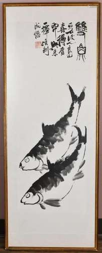 Qi LingJi(1923-1988) Double Fishes w/Frame