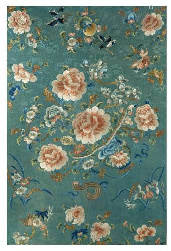 Chine, vers 1900-1920 Grand panneau en soie damassée bleue