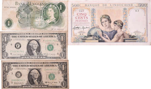 美國1963及69年 $1(各一張), 英倫銀行 1鎊 及 法國東方滙理銀行 ...