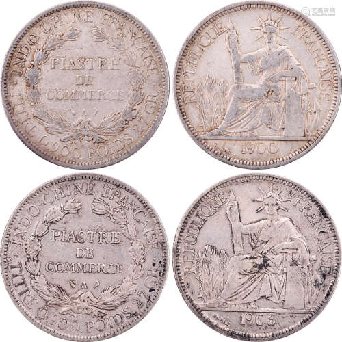 法屬安南1900及1906年 貿易(坐洋) 1Pt. 銀幣。合共2個