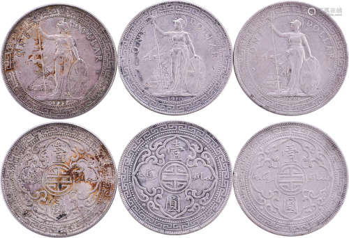 英國1899B, 1910B, 1929B 貿易站洋(港光) $1 銀幣 共3個