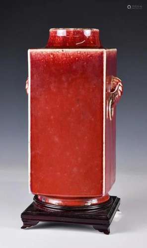 A Chinese Red Glazed Cong Vase with Stand, 19thC