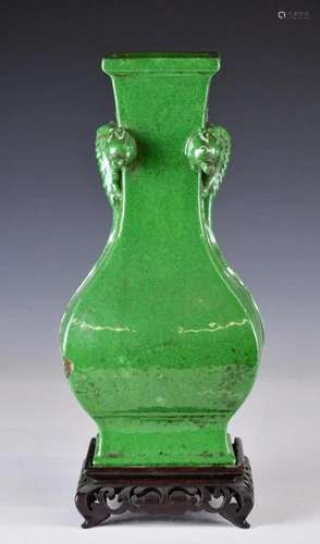 A Green Glazed Square Vase w/ Stand