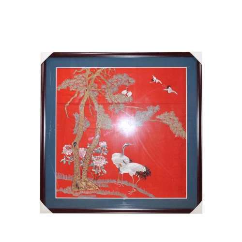 A Framed Embroidery of Pine and Crane