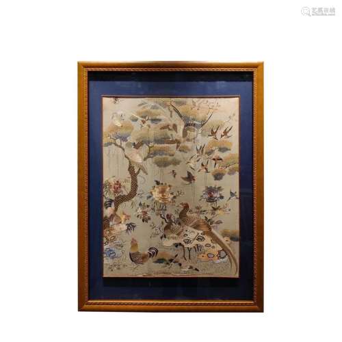 A Framed Embroidery of Floral and Birds