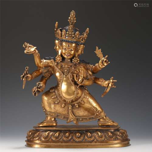 A Tibetan Gilt-bronze Standing Protector