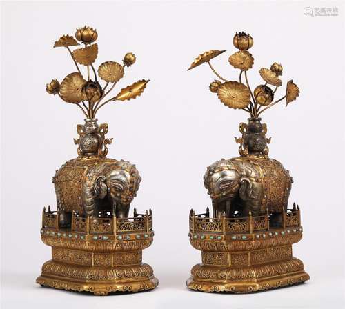 Pair Hard-stones Inlaid Silver Partly Gilt Elephants