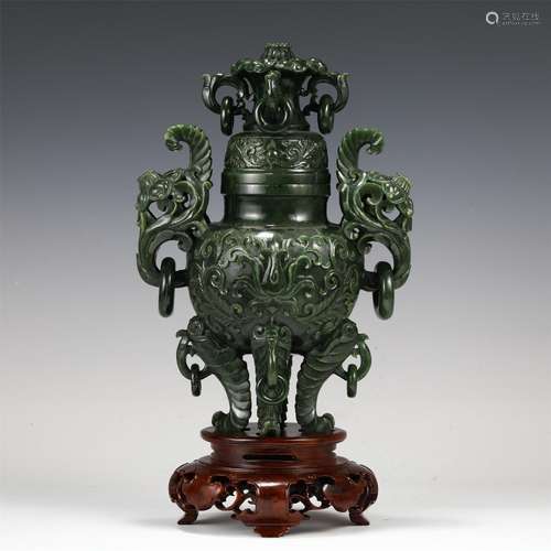 A Fine Carved Spinach Green Jade Incense Burner