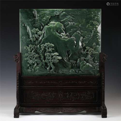A Carved Spinach Green Jade Table Screen