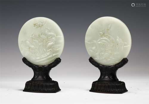 Pair Carved White Jade Table Screens