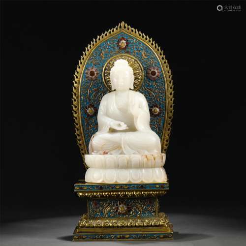 A Carved White Jade Buddha with Enameled Bronze Shrine