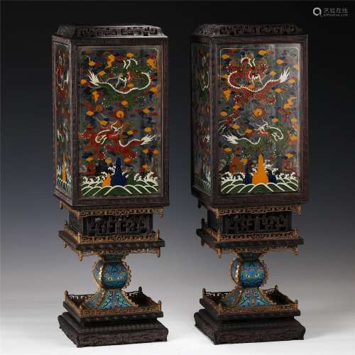 Pair Polychrome Lacquer Decorated Cloisonne Enamel Lamp Hold...