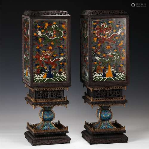 Pair Polychrome Lacquer Decorated Cloisonne Enamel Lamp Hold...