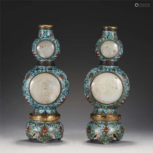 Pair Rare Jade Inlaid Cloisonne Enamel Vases