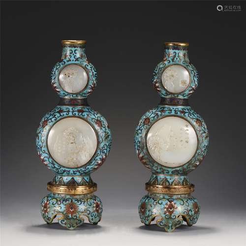 Pair Rare Jade Inlaid Cloisonne Enamel Vases