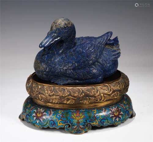 A Carved Lapis Duck with Cloisonne Enamel Stand