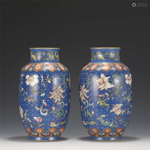 Pair Famille Rose Floral Scrolls Lantern Vases