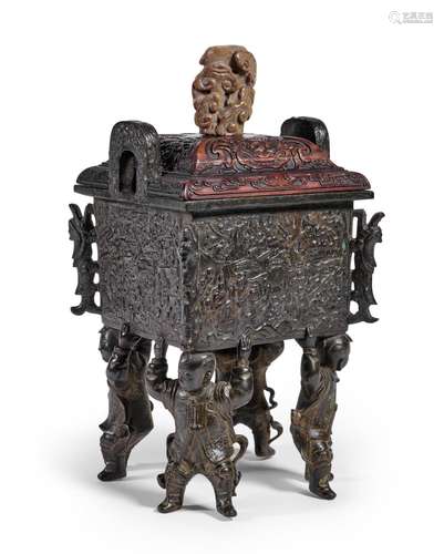 A large and rare bronze 'boys and dragon fish' incense burne...