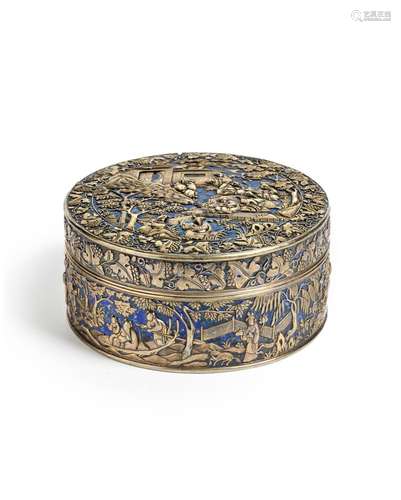 A rare silver-gilt and blue enamel 'Eight Immortals' box and...