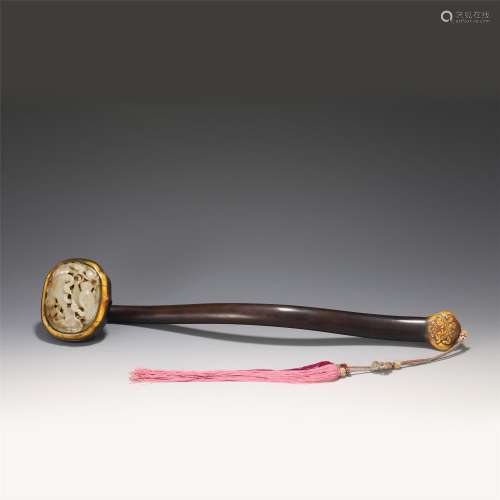 A Carved Jade Inlaid Rosewood Ruyi Scepter