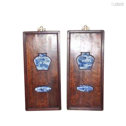 Pair of Blue and White Inlaid Hardwood Hanging Screens