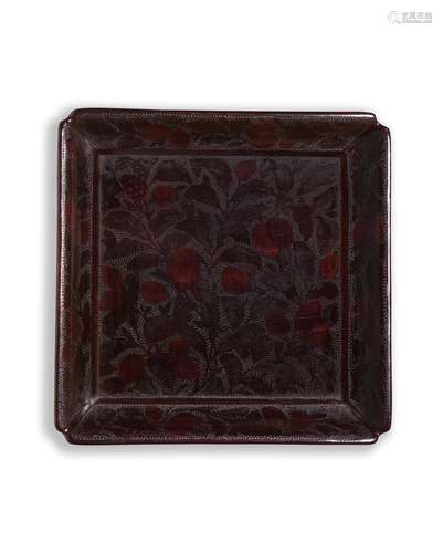 A polychrome lacquer 'lychee' square dish