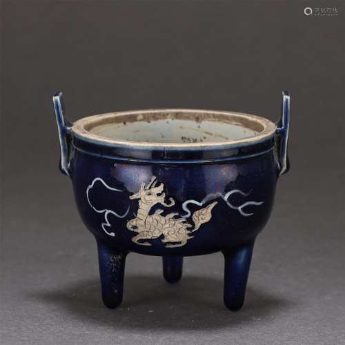 A Blue Glaze Reserve Decorated Tripod Censer