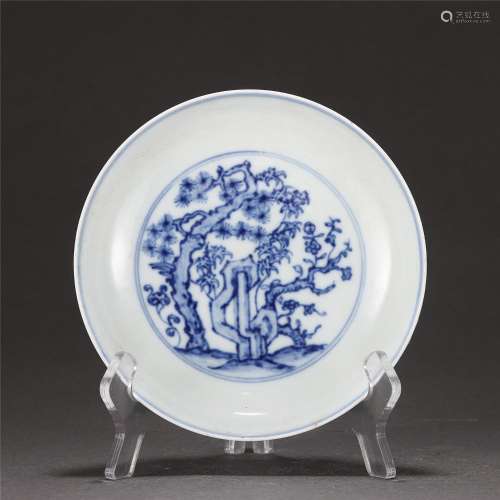 A Blue and White Three Friends of Winter Saucer