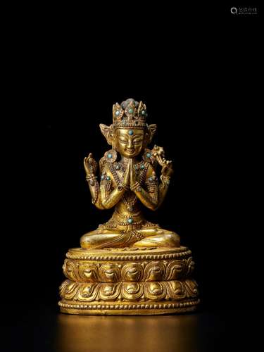 A GILT COPPER ALLOY FIGURE OF SHADAKSHARI LOKESHVARA