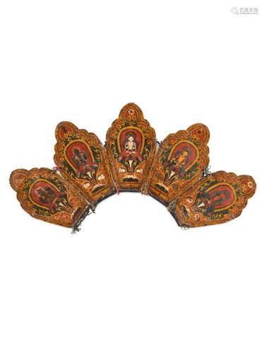 A PAINTED LEATHER RITUAL CROWN WITH THE FIVE PRESIDING BUDDH...