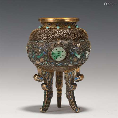 A Jadeite Inlaid Bronze Tripod Incense Burner