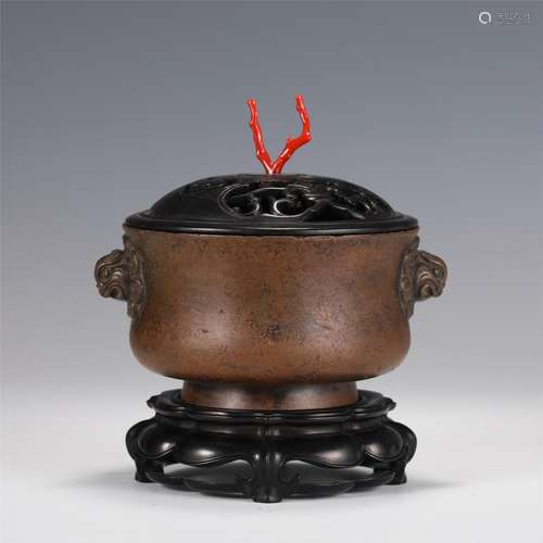 A Bronze Bombe Censer with Stand and Cover