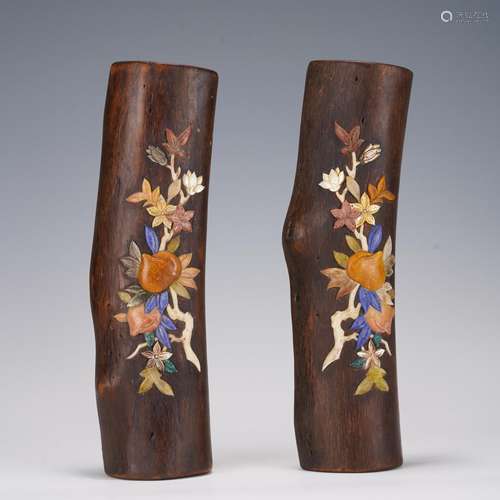 Pari of Hardstones Inlaid Aloeswood Arm Rests