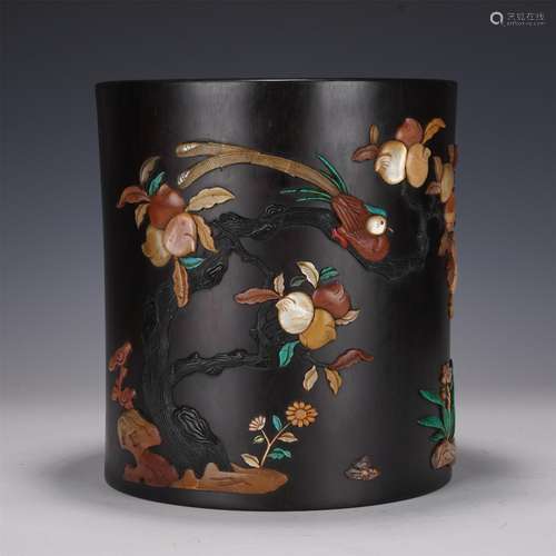 A Polychrome Hardstones Inlaid Rosewood Brush Pot