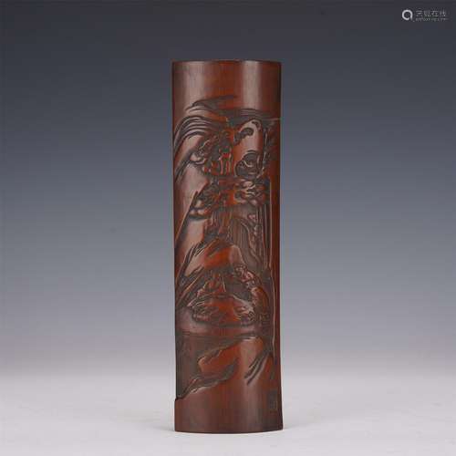 A Bamboo Carved Landscape and Figures Arm Rest