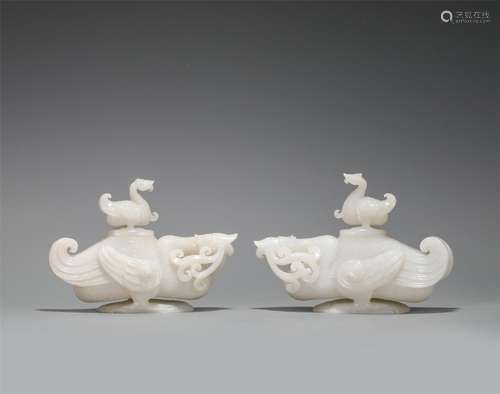 Pair Carved White Jade Beast Decorations