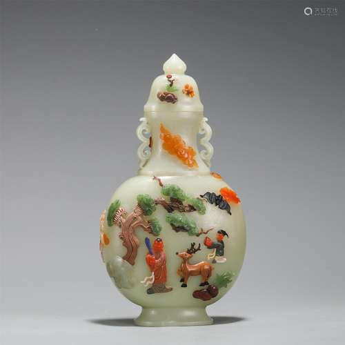 A Hardstones Inlaid White Jade vase with Cover