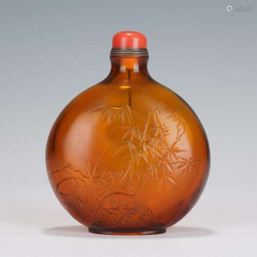 A Peking Glass Snuff Bottle Engraved with Bamboos