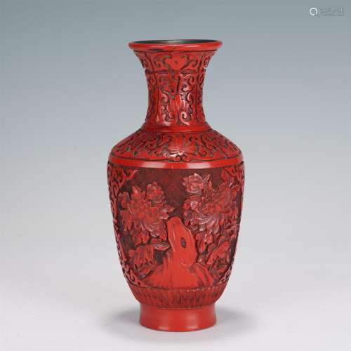 A Carved Red Lacquer Floral Vase