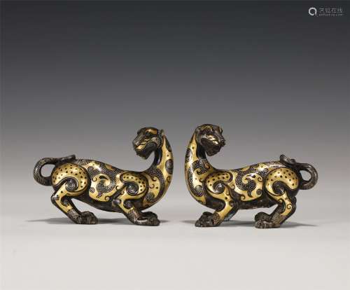 Pair Gold Inlaid Bronze Tiger Shaped Finials