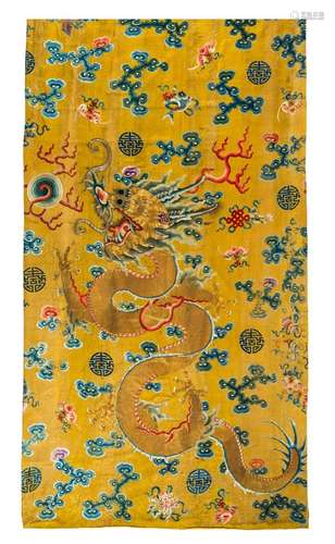 A PAIR OF IMPERIAL YELLOW-GROUND SILK EMBROIDERED CURTAINS W...