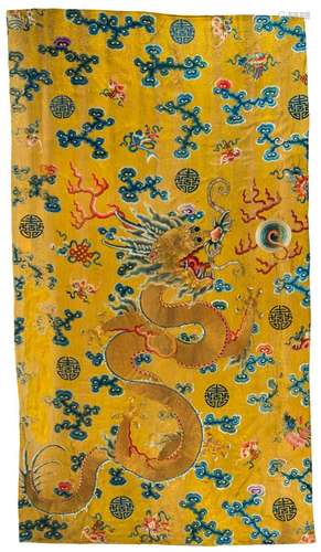 A PAIR OF IMPERIAL YELLOW-GROUND SILK EMBROIDERED CURTAINS W...