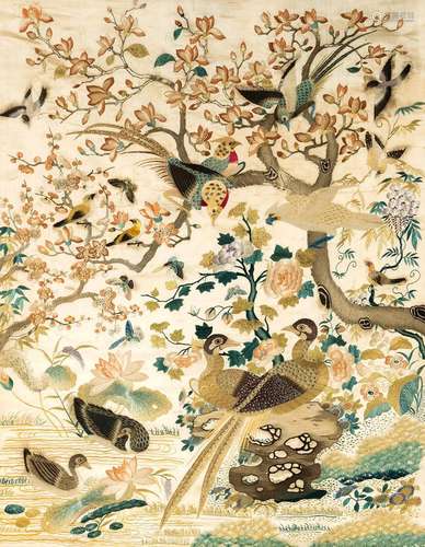 A FINE CREAM-GROUND SILK EMBROIDERY WITH BIRDS AND A FLOWERI...